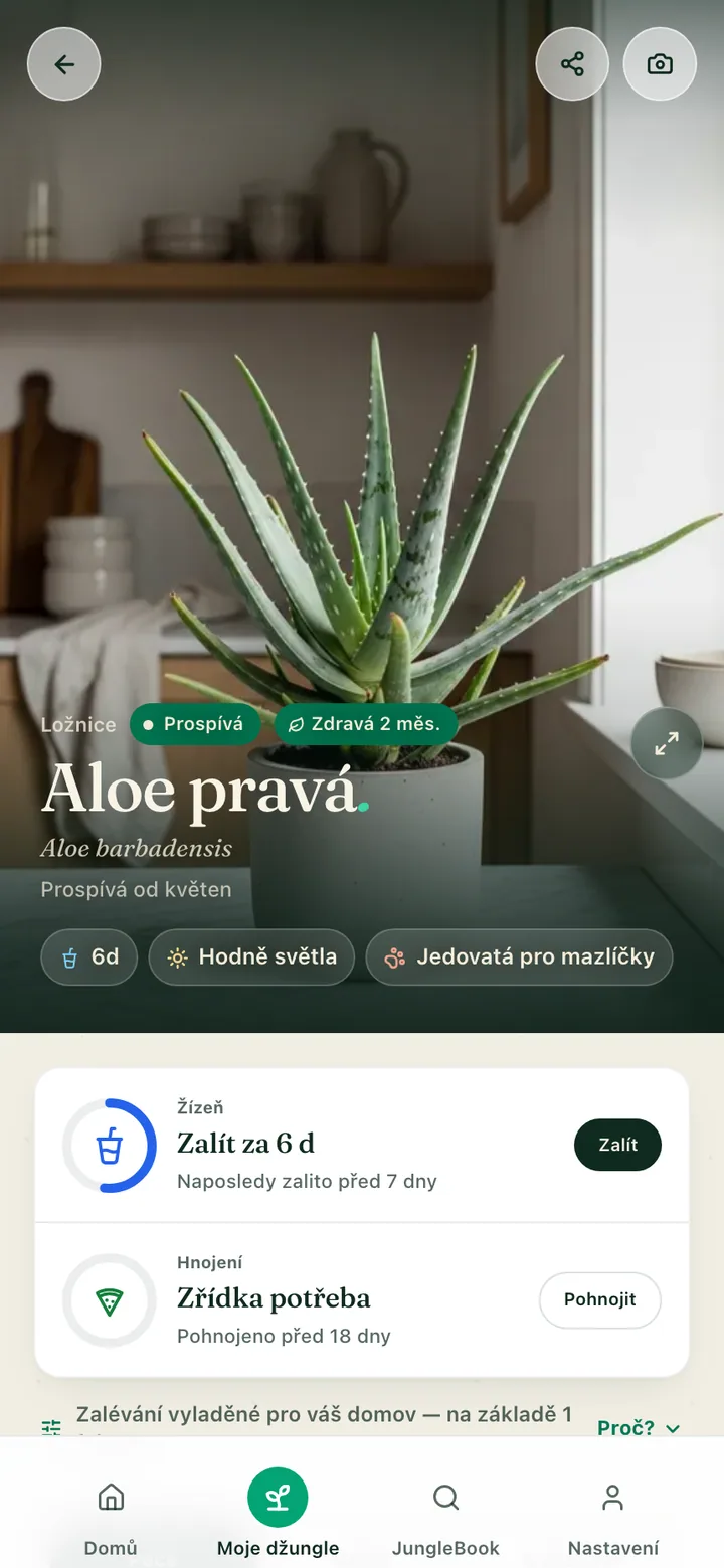 Stránka péče o rostlinu v aplikaci Botanicaly — Calathea s nároky na zálivku, světlo a vlhkost