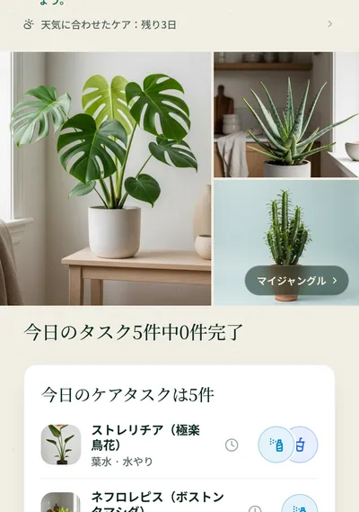 Botanicalyアプリの植物ケアページ — カラテア・オルナータの水やり・光・湿度の情報