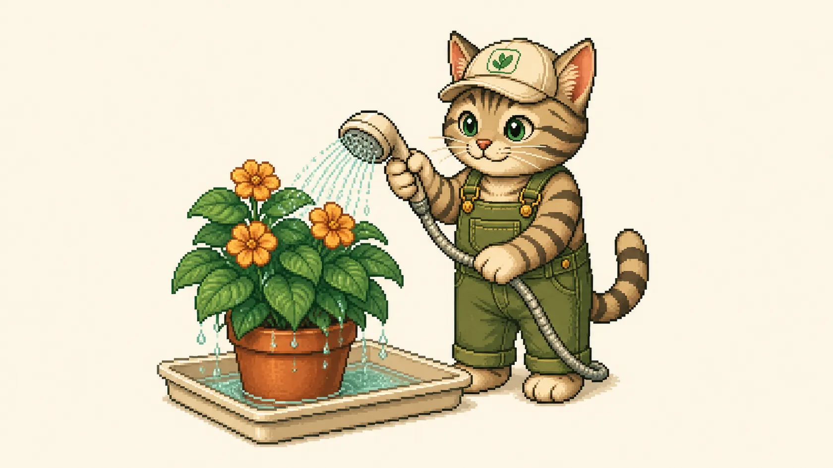 A potted houseplant being rinsed in a shower tray with a gentle hand spray