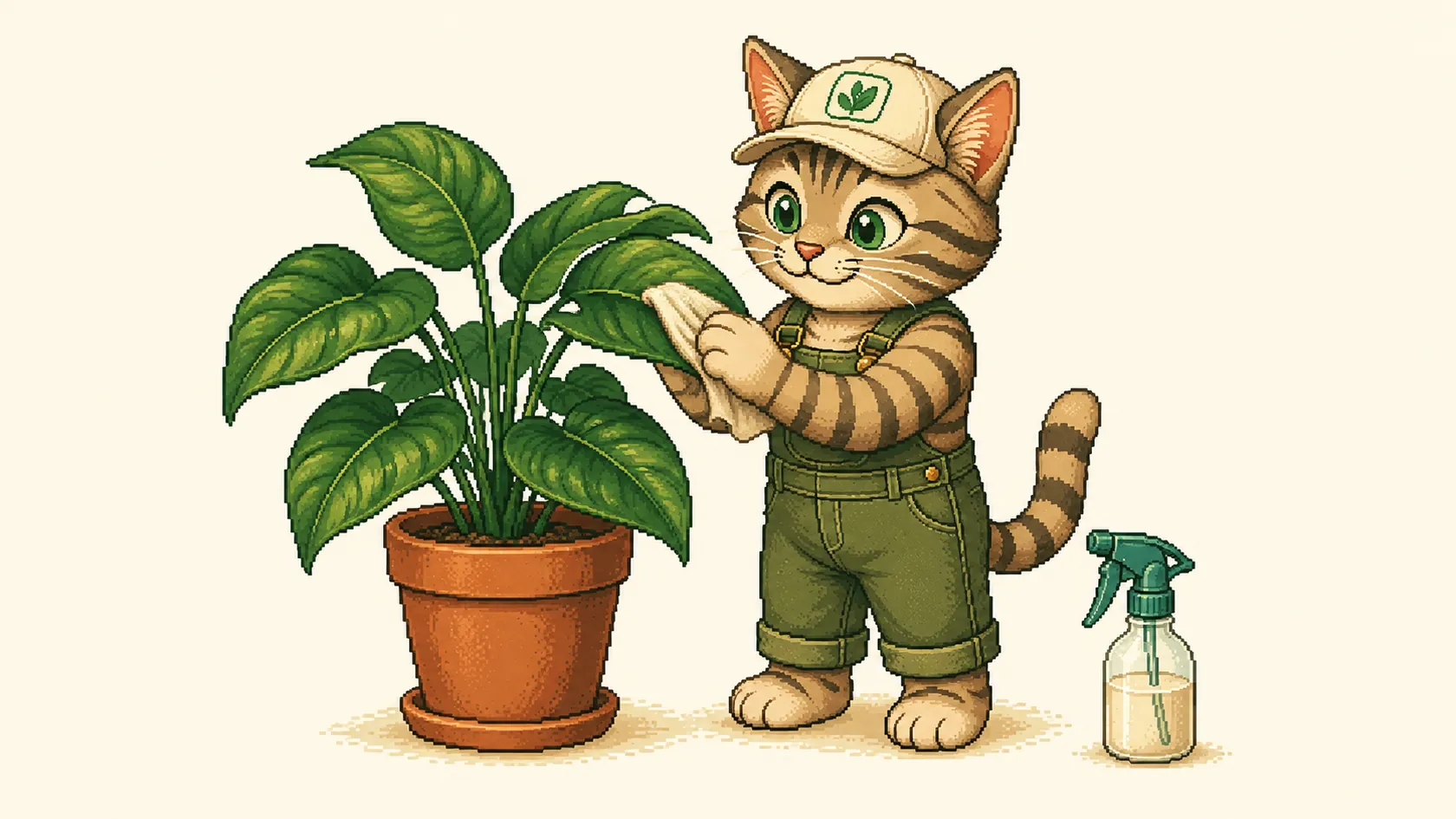 A spray bottle of soap solution beside a plant, a leaf underside being wiped
