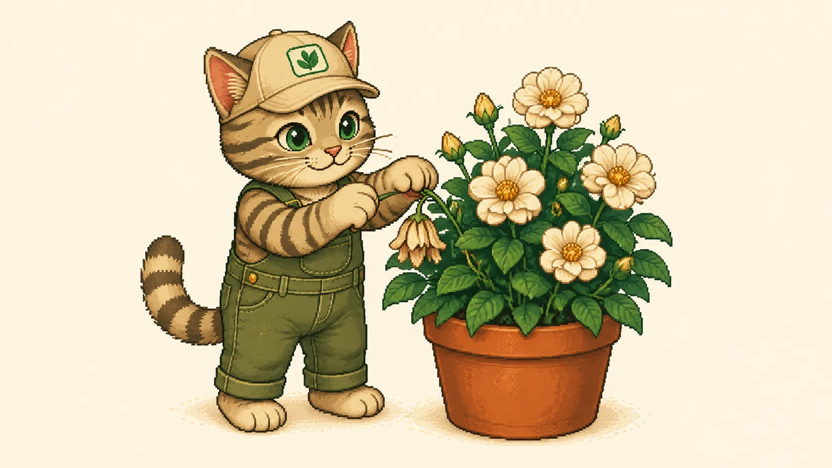 Mr. Kitty retire une fleur fanée d’une potée en pleine floraison