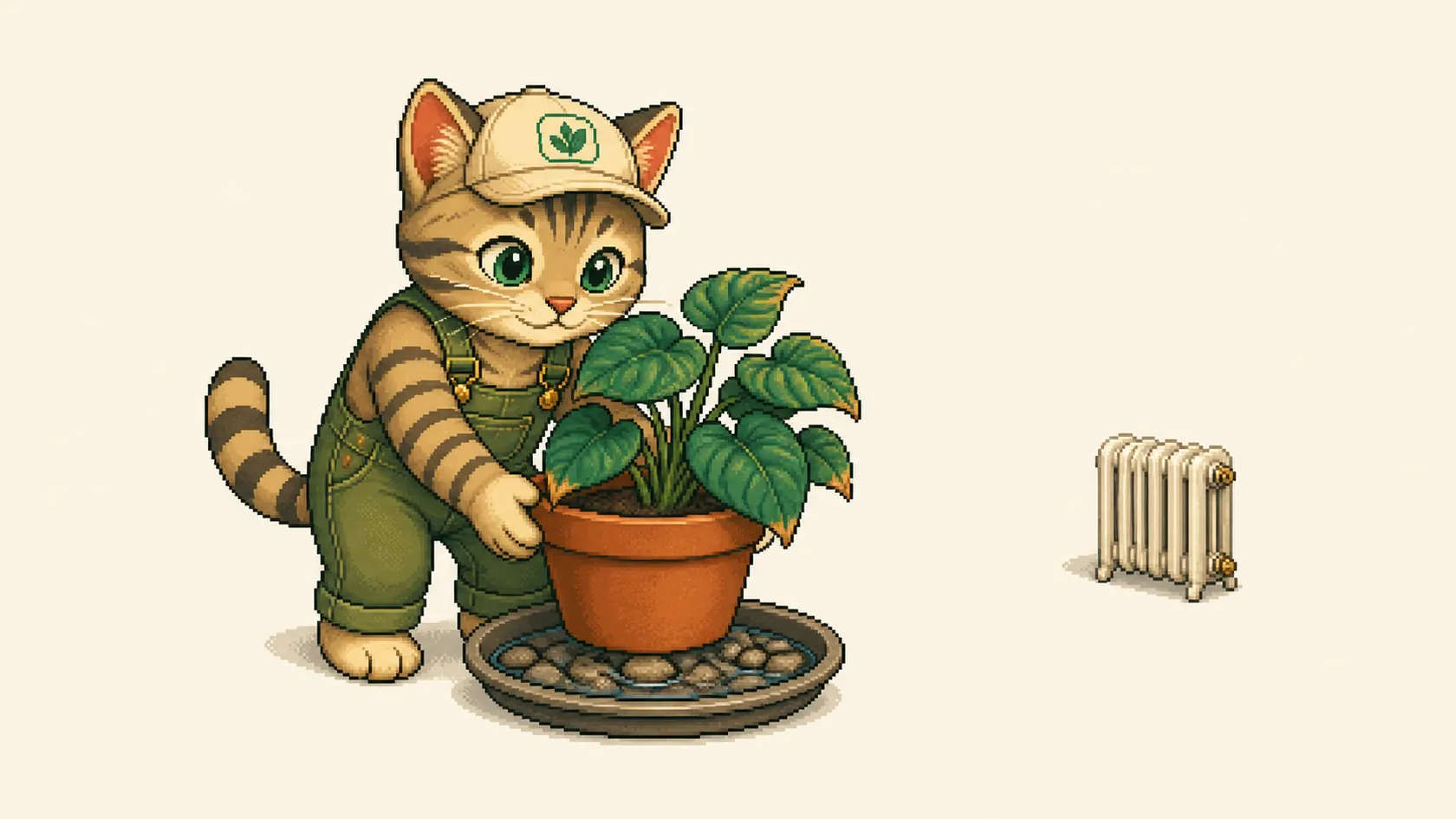 A houseplant standing on a shallow tray of pebbles with water, away from a radiator