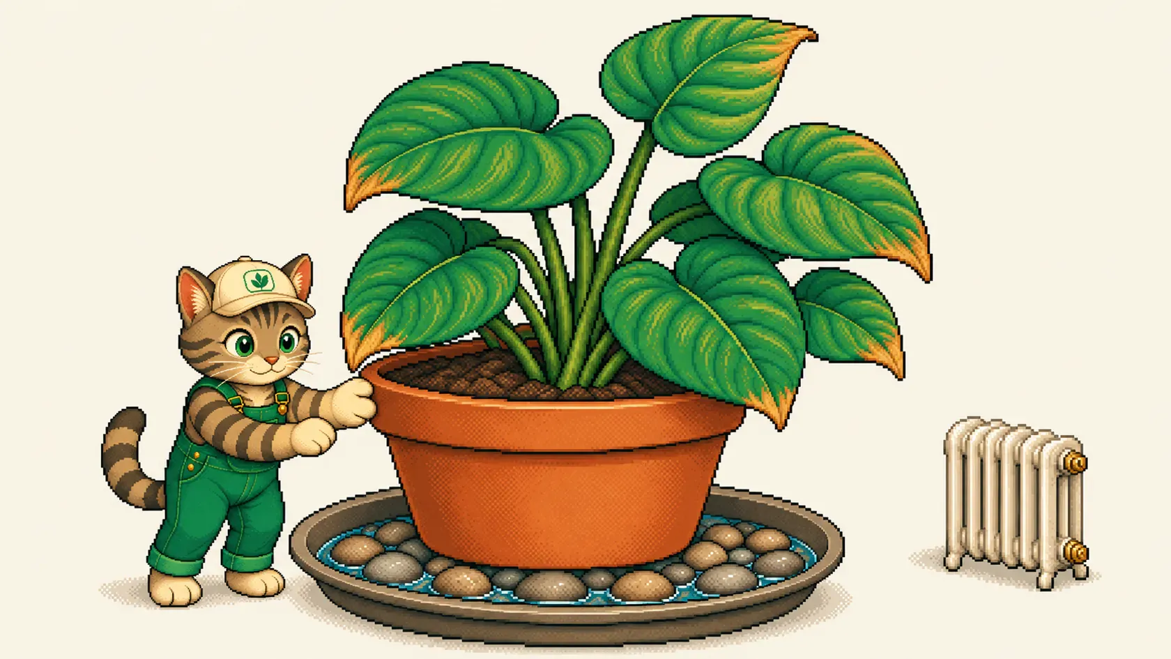 Mr. Kitty zet een plant op een schaal met kiezels en water