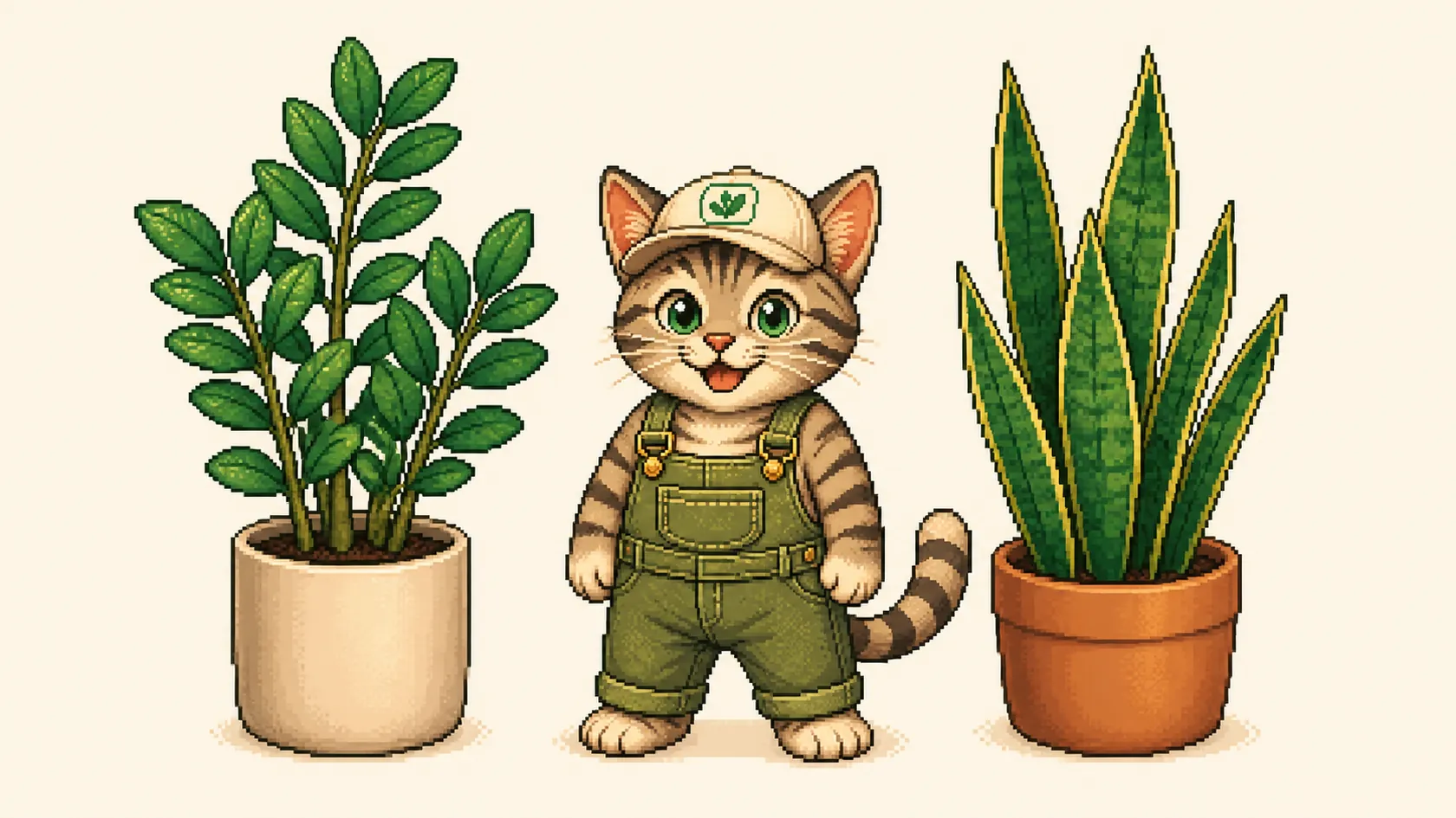 A ZZ plant and a snake plant standing side by side