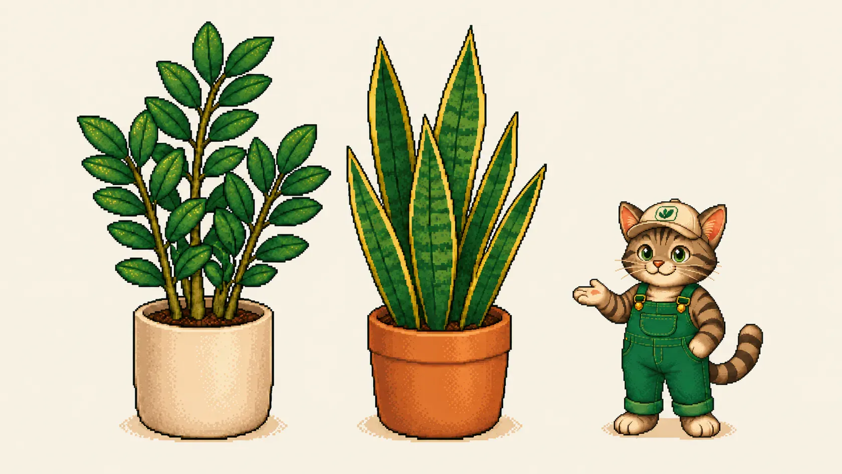 Een zamioculcas en sansevieria in eenvoudige potten