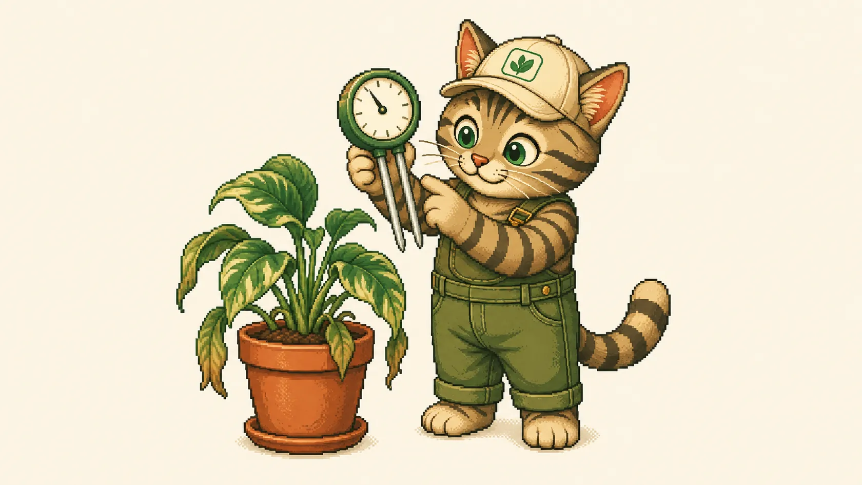 A soil moisture meter held up, with two metal probes and a round needle dial