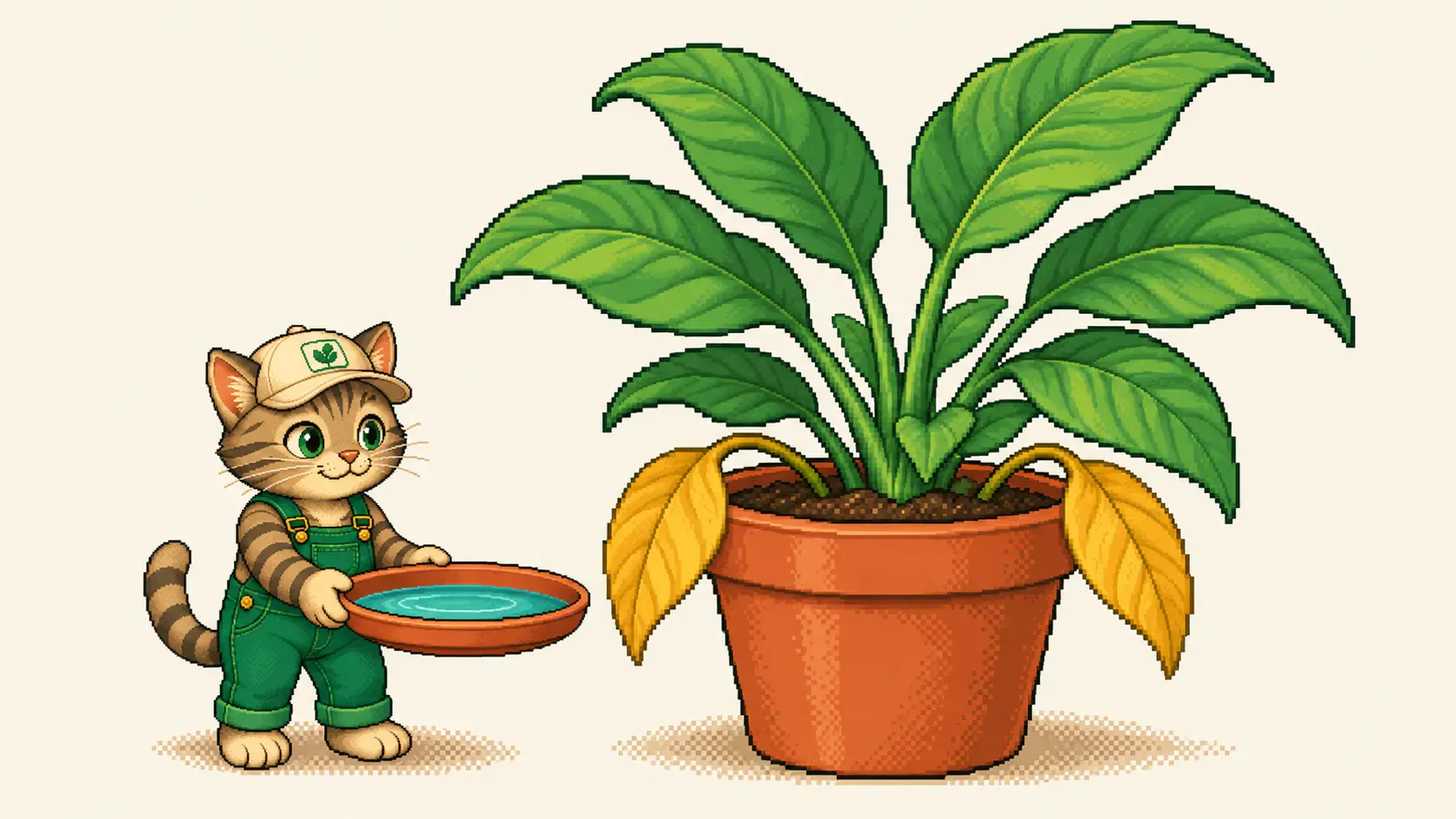 Een volle schotel onder een plant met zachte gele onderste bladeren