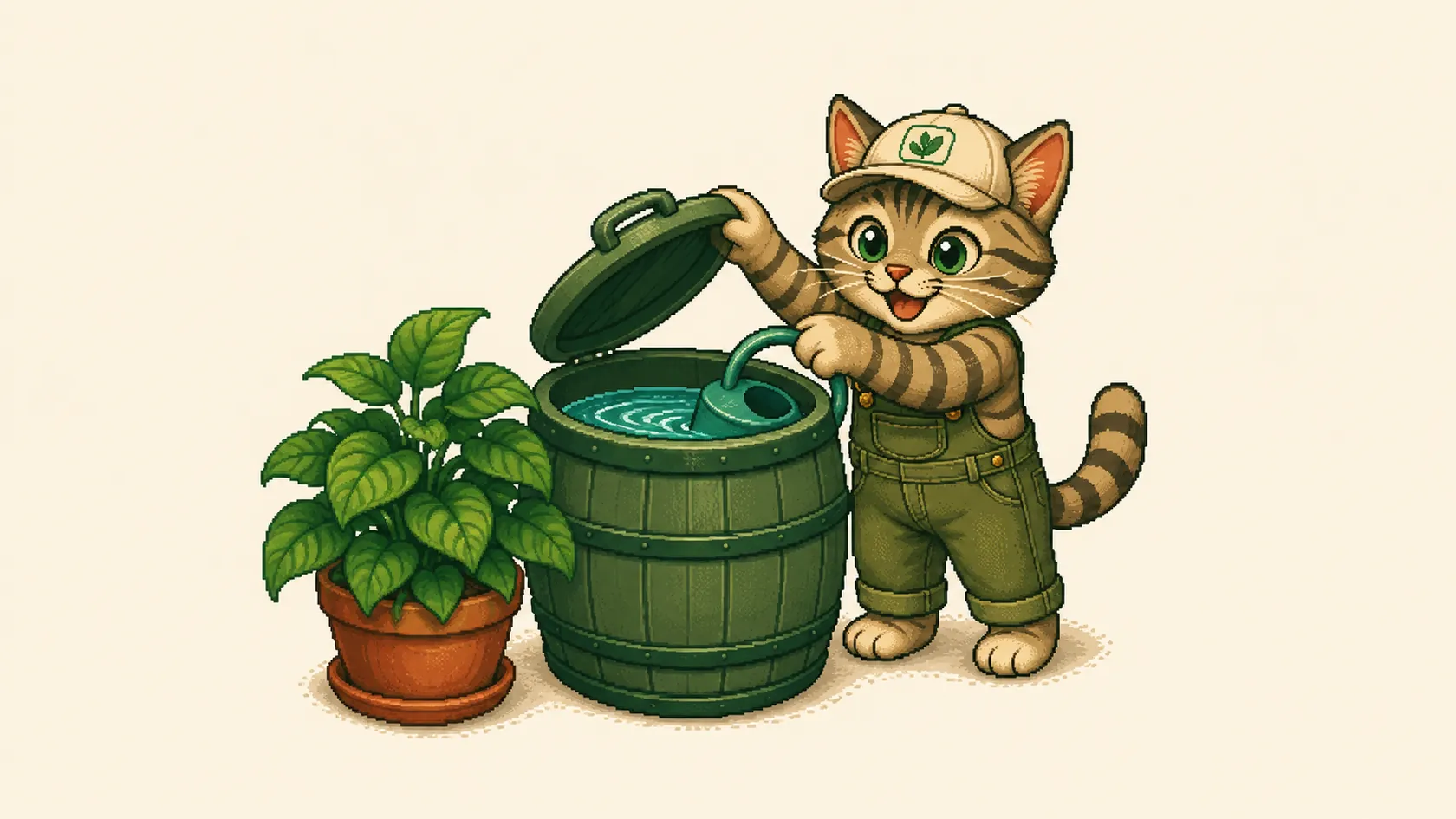 Mr. Kitty scooping rainwater out of a covered barrel
