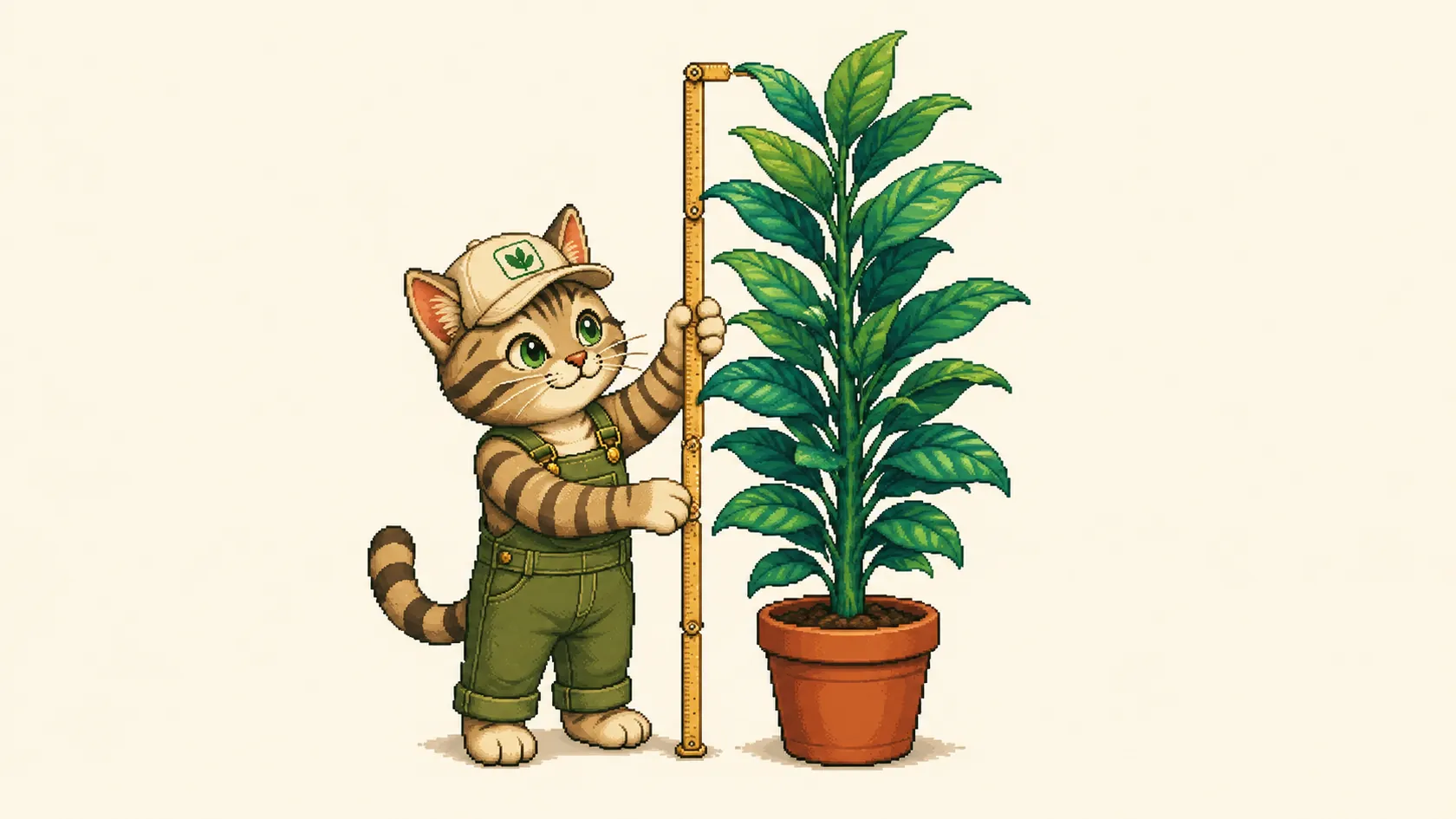 Mr. Kitty measuring the height between floor and ceiling beside a large plant