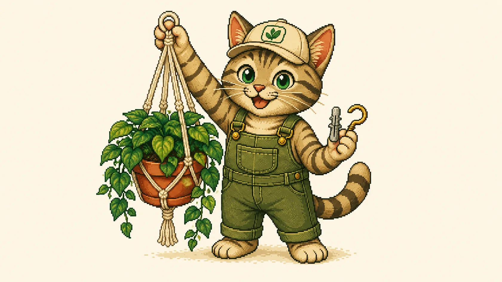 A freshly watered trailing plant in a macrame hanger lifted by hand, a hook and wall anchor in the other paw