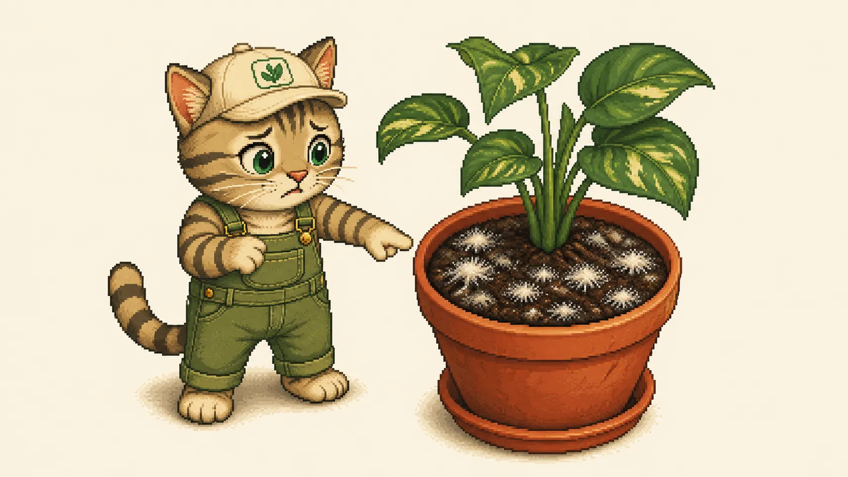 A thick wet layer of coffee grounds on the soil with white fuzz on it