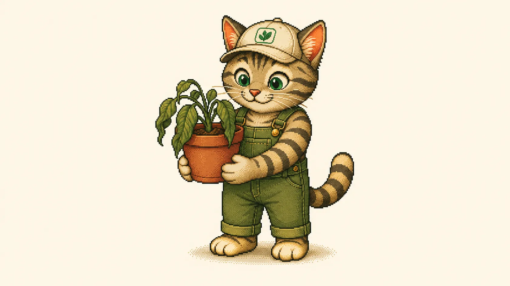 Mr. Kitty lifting a potted houseplant with drooping leaves to feel its weight