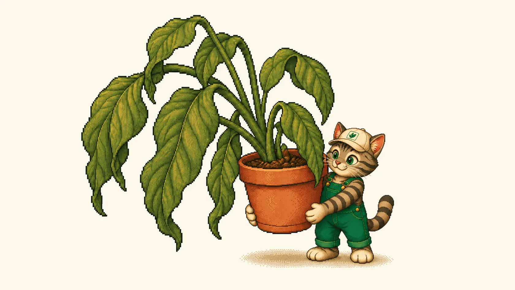Mr. Kitty levanta um vaso com folhas caídas para conferir o peso