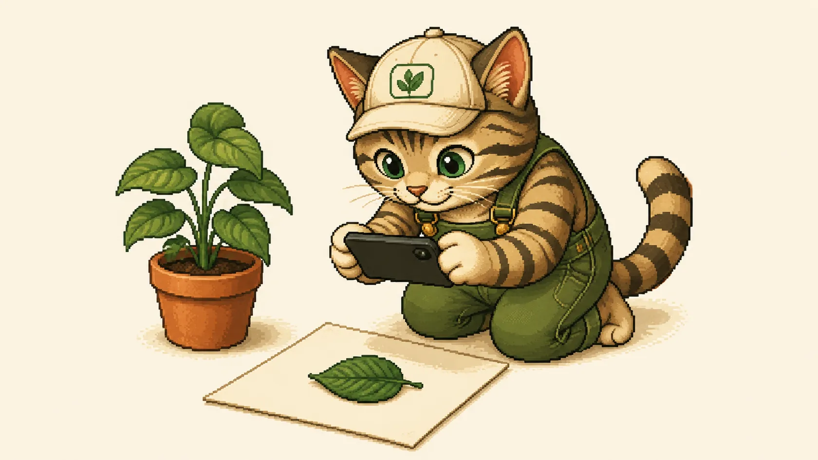 Mr. Kitty holds a phone steady above a single leaf laid flat on a plain sheet