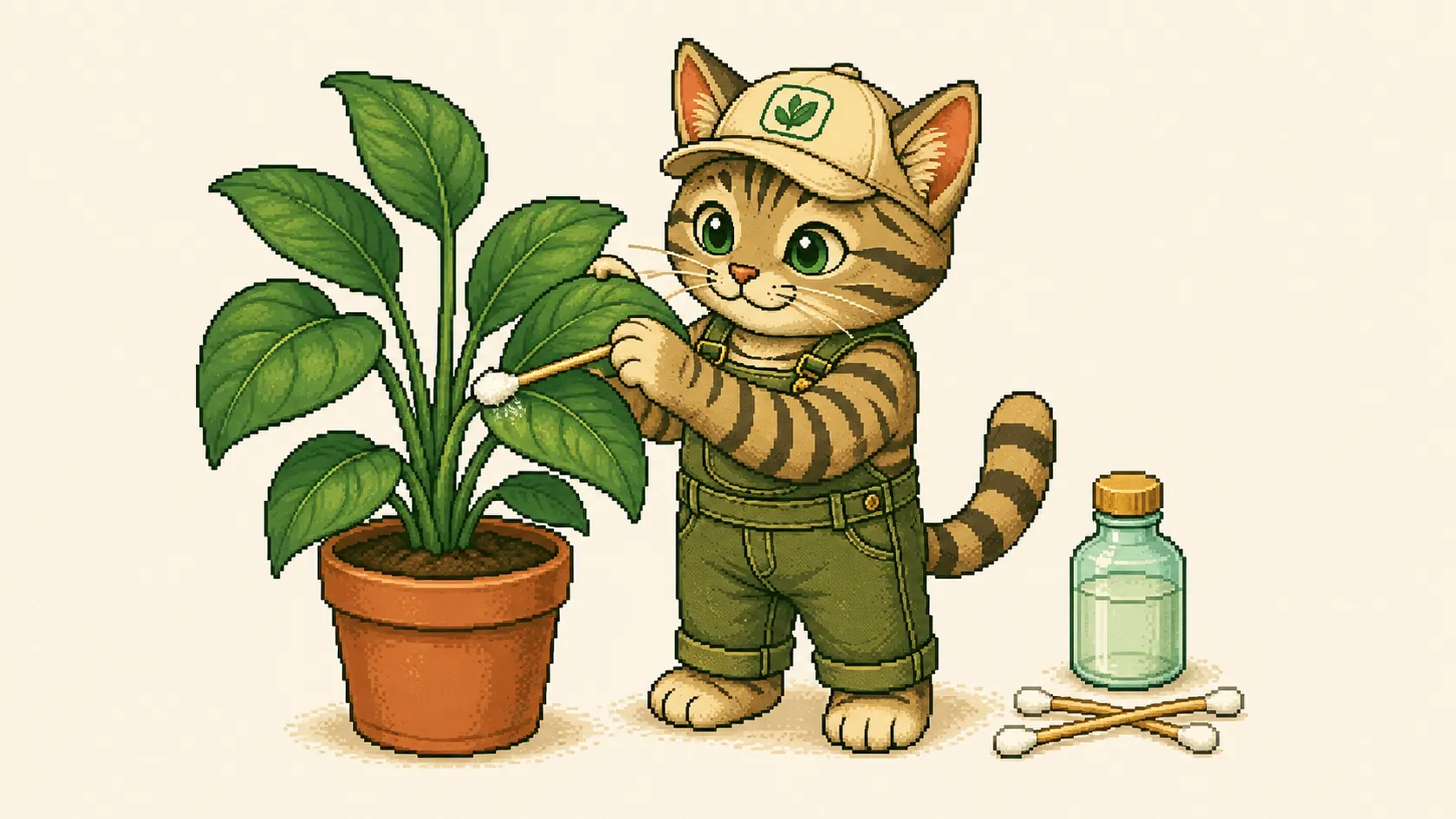 Mr. Kitty dabs a white mealybug in a leaf axil with a cotton bud