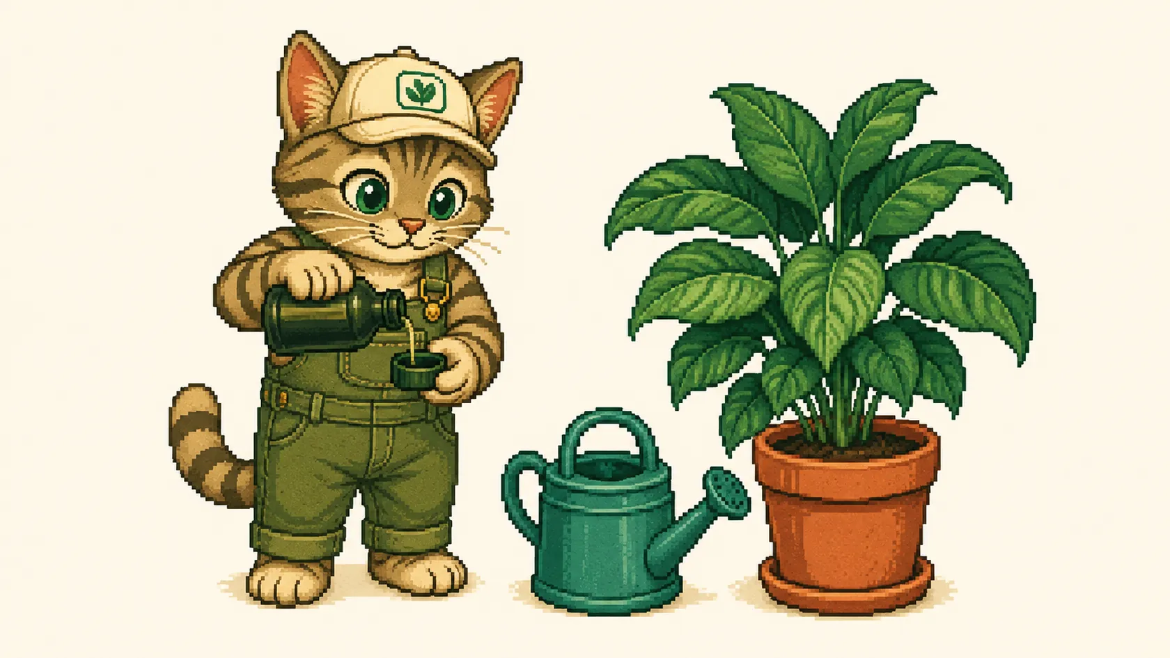 A measuring cup of liquid fertilizer next to a watering can