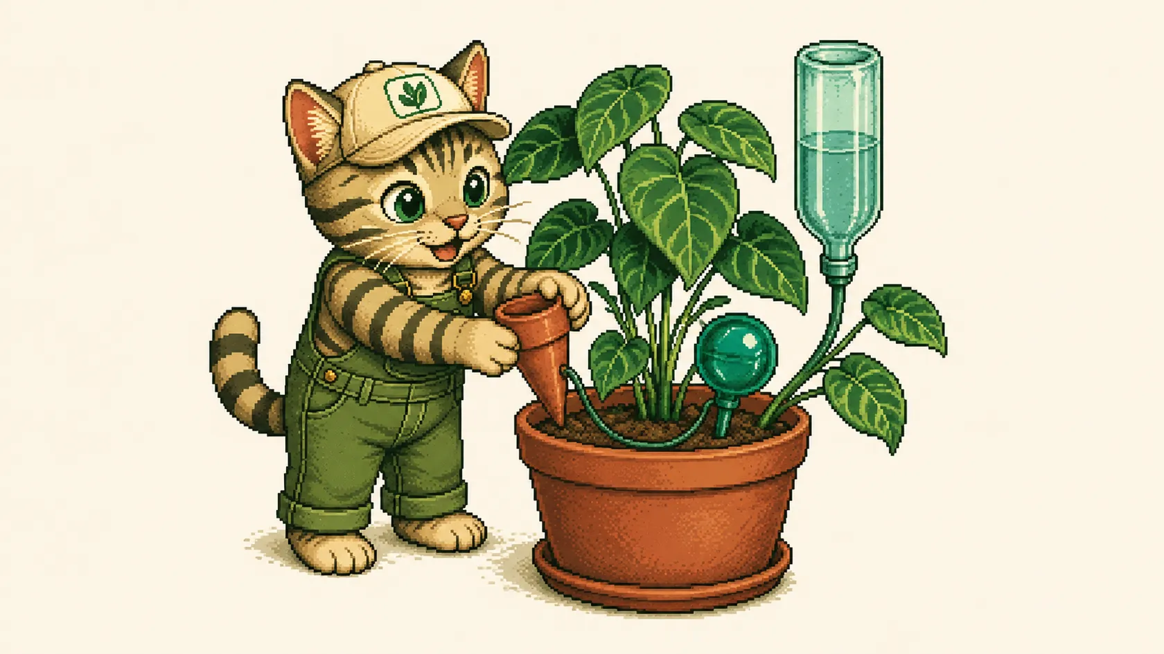 A terracotta watering spike in a pot, connected to a water bottle