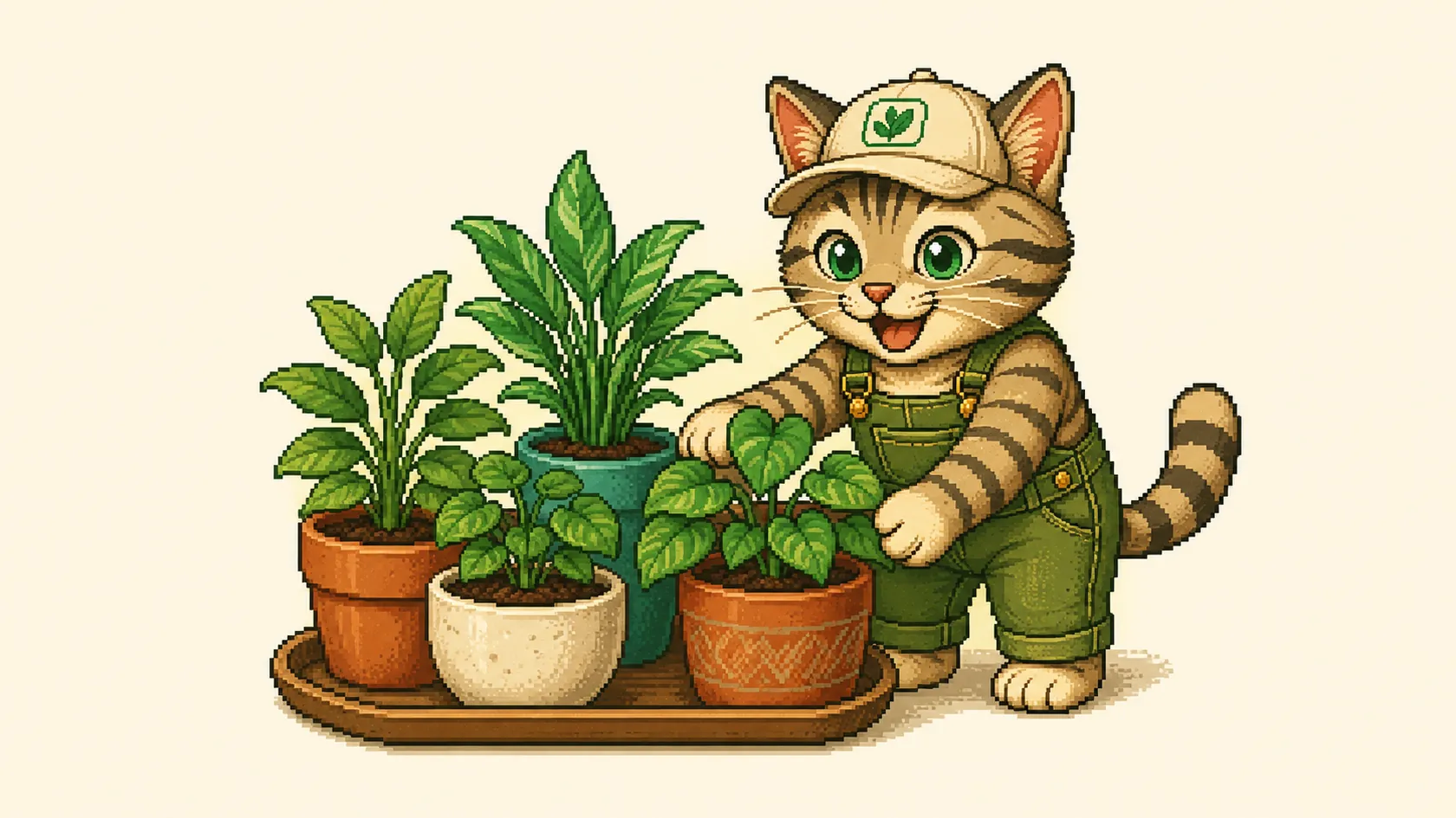 Four potted houseplants grouped closely together on one tray
