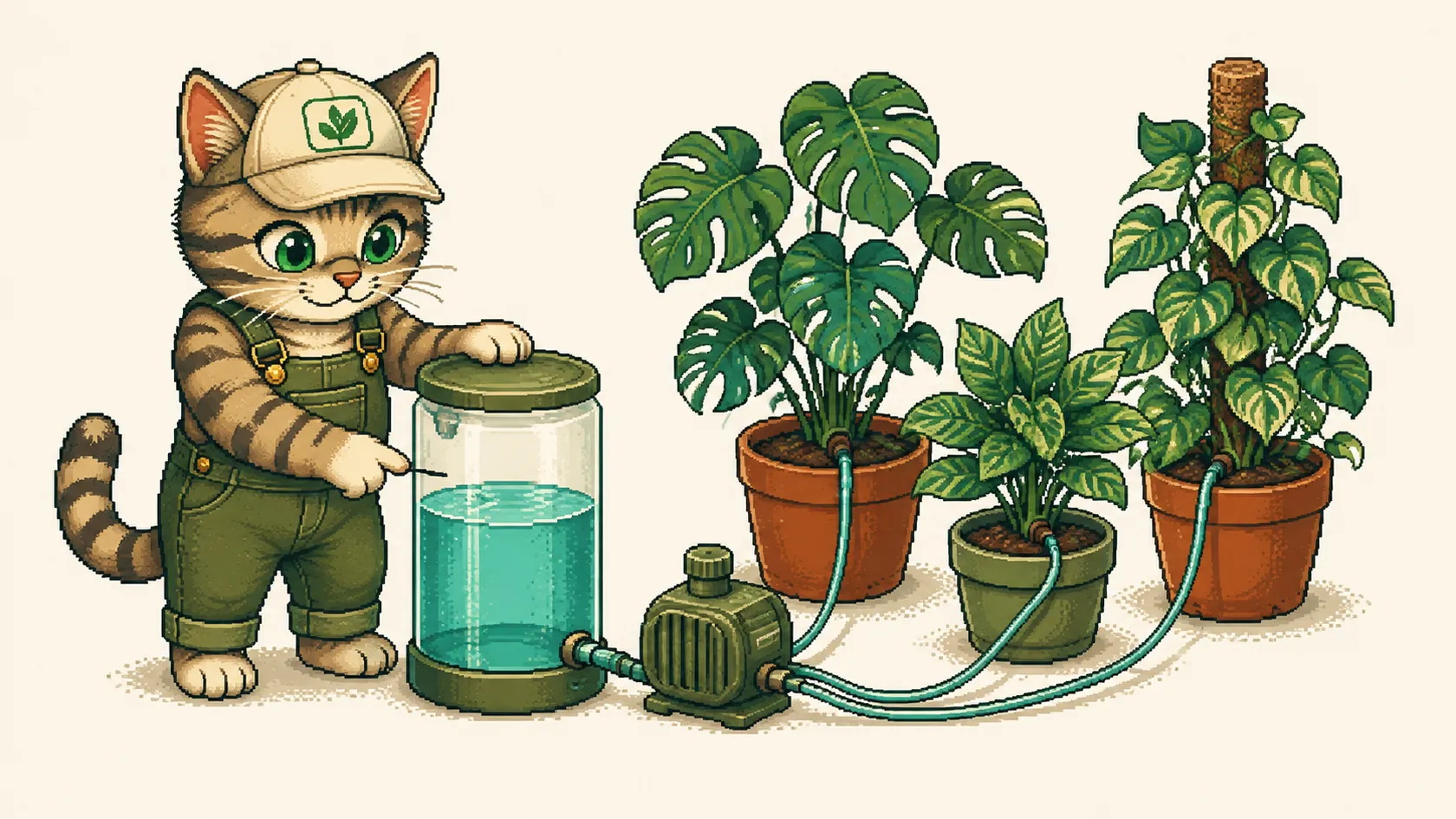 A small pump system with thin tubes running from a water container to several pots