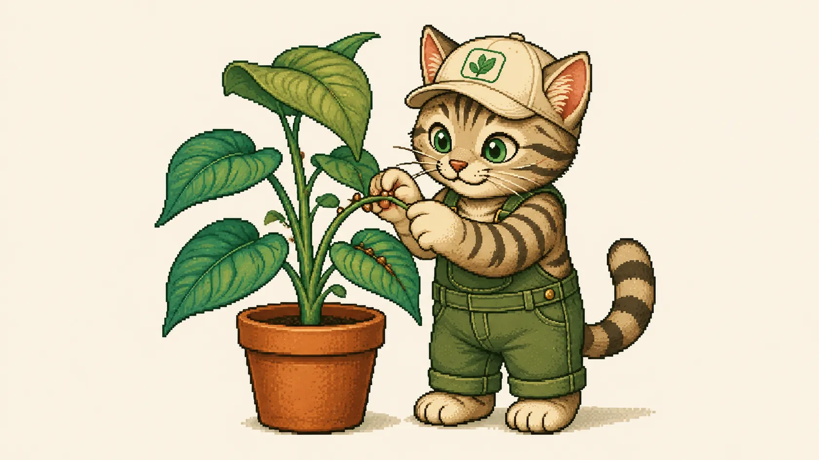 Mr. Kitty scrapes a brown scale bump off a plant stem with a fingernail