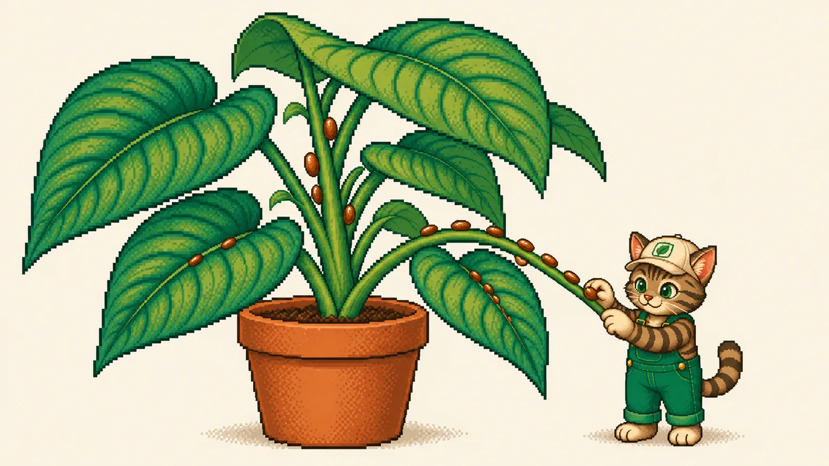 Mr. Kitty lossar en brun sköldlus från en stjälk