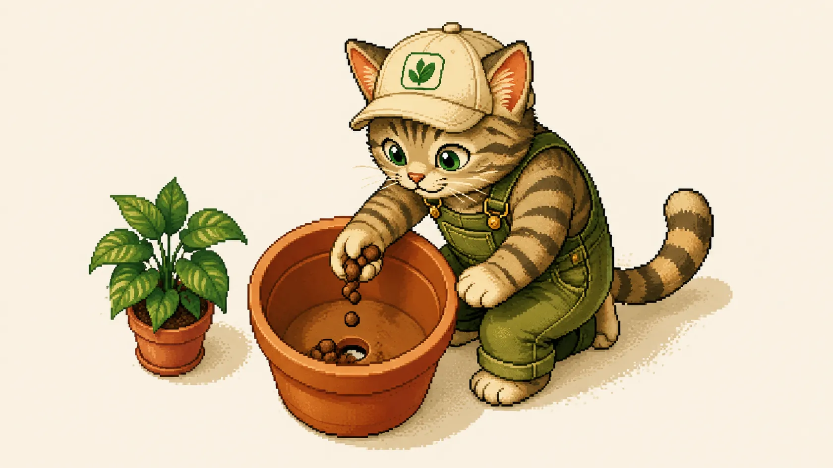 Mr. Kitty places clay pebbles over the drainage hole inside an empty pot