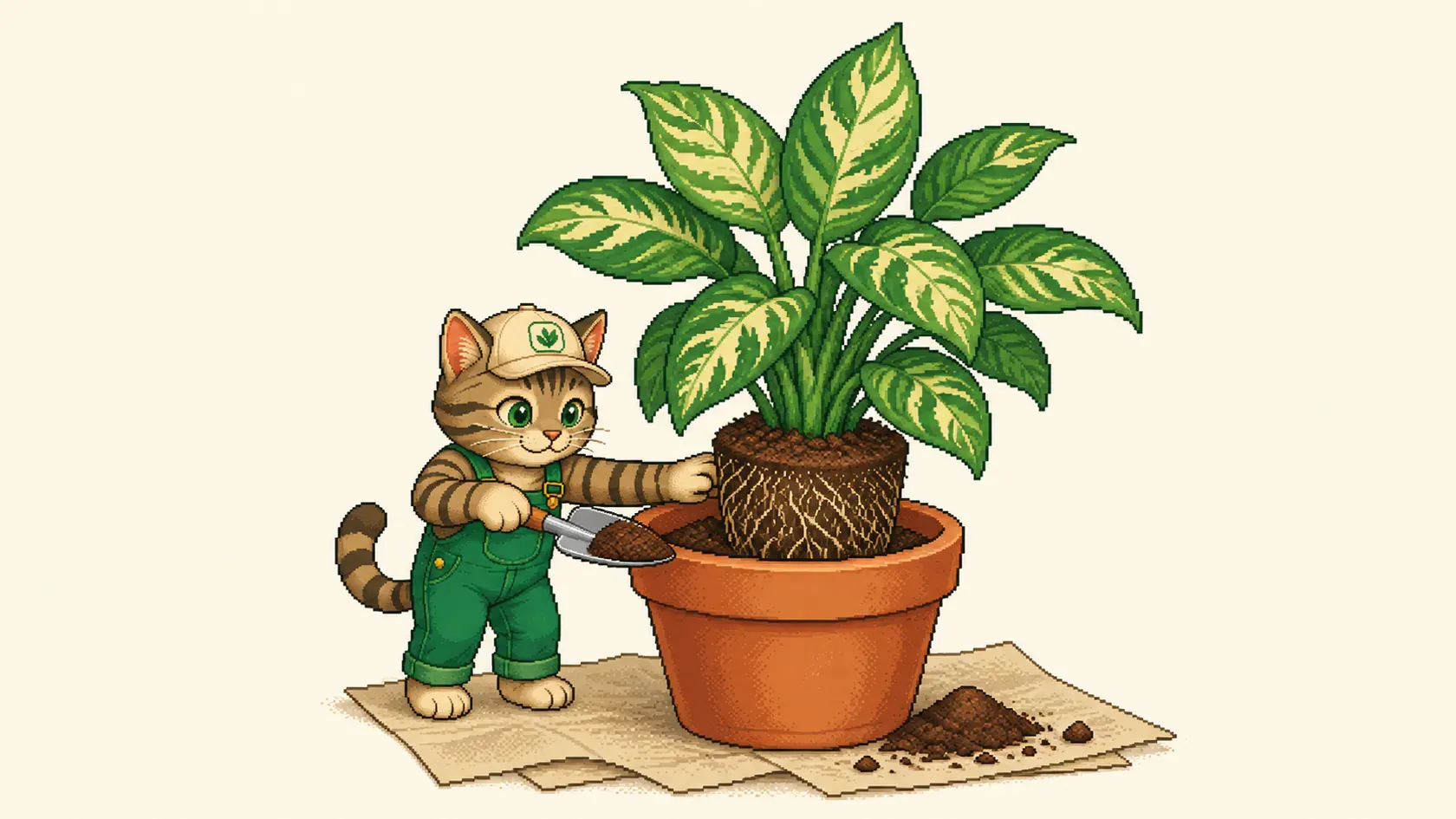 Een kamerplant wordt op dezelfde diepte in verse grond gezet