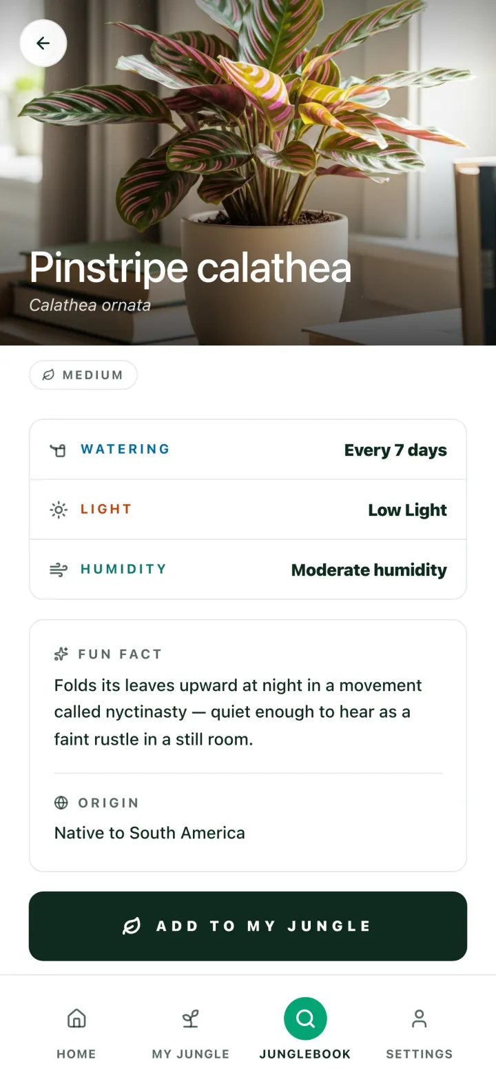 A plant's care page in the Botanicaly app — the Pinstripe calathea with its watering, light and humidity needs