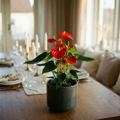 Rosenkalla (Anthurium andraeanum) – ett friskt exemplar fotograferat inomhus