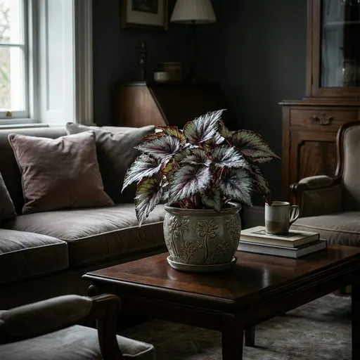 Rex begonia (Begonia rex) — a healthy specimen photographed indoors