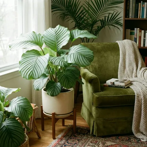 Round-leaf calathea (Calathea orbifolia) — a healthy specimen photographed indoors