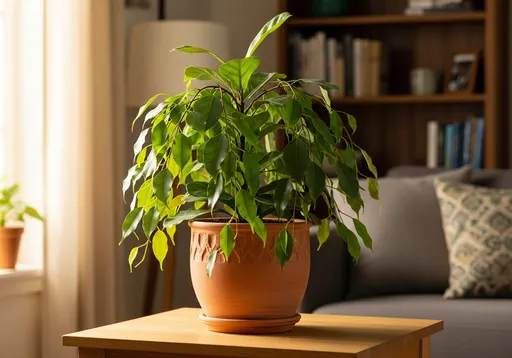 Benjaminfikus (Ficus benjamina) – ett friskt exemplar fotograferat inomhus